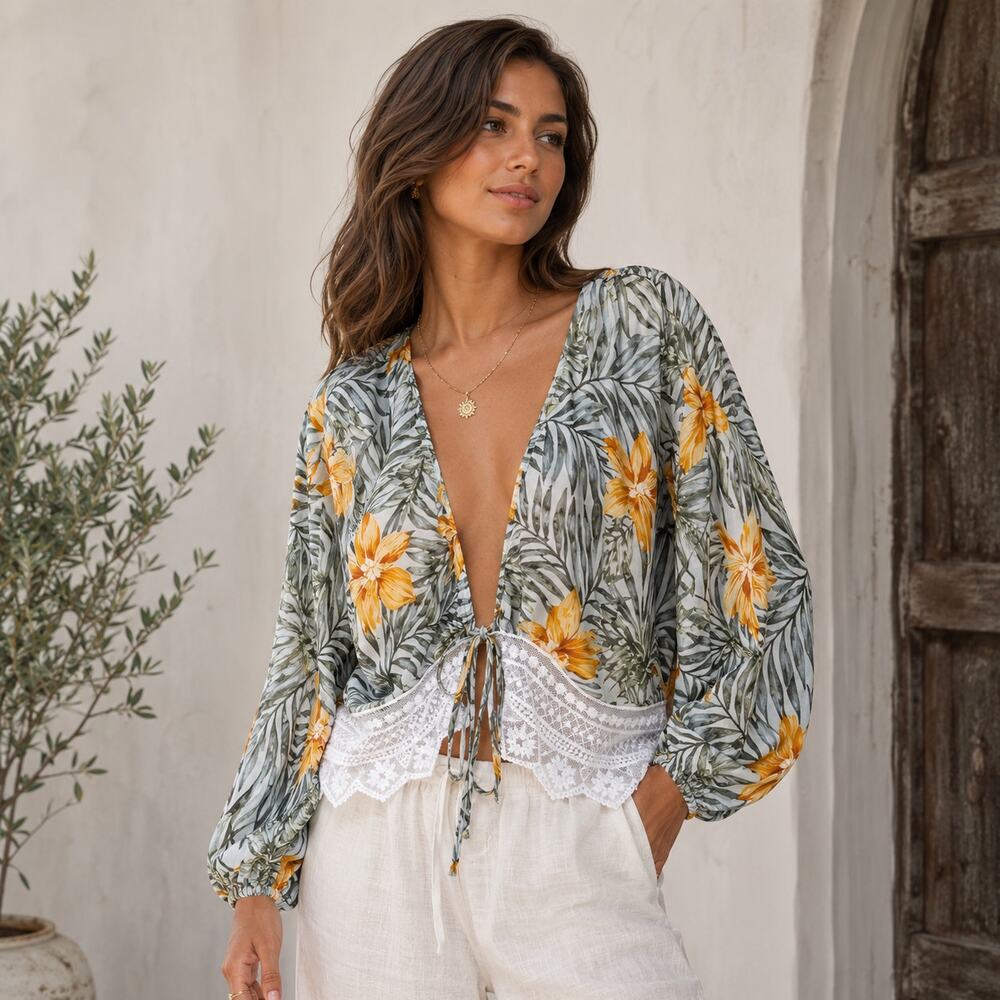 Timing Tropical Floral Tie Front Lace Hem Kimono Blouse M Boho Beach